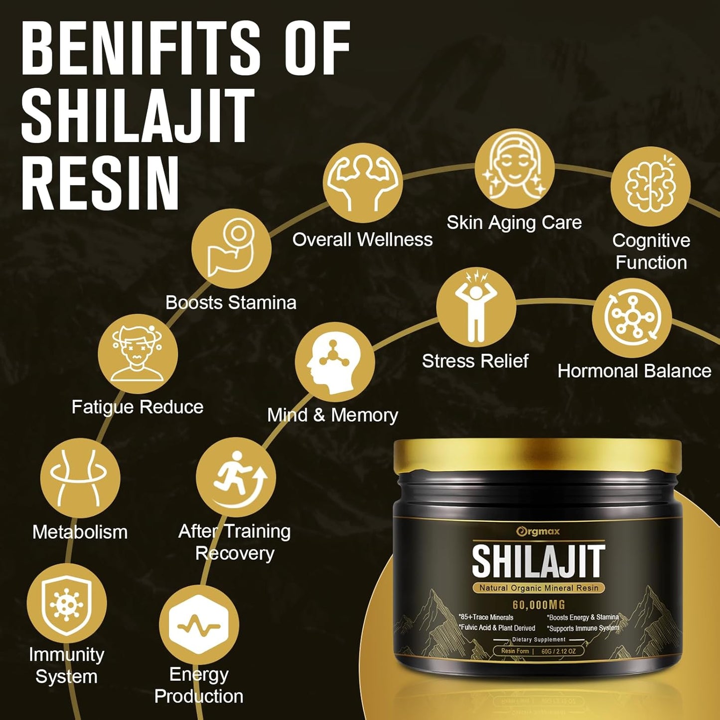 High Potency 600mg Pure Natural Shilajit Resin Supplement for Men & Women - Himalayan Shilajit with 85+ Trace Minerals & Fulvic Acid - Energy, Metabolism & Immune Support - Non-GMO - 60g