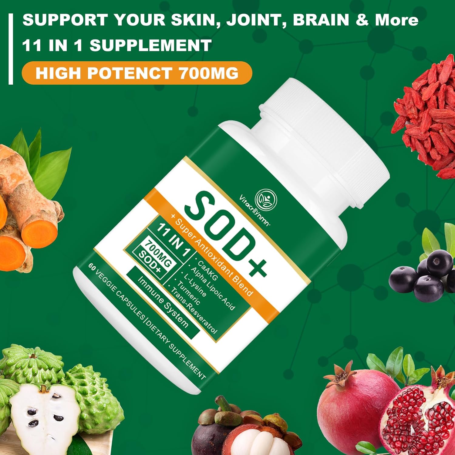 High Potency 700mg SOD Supplement for Cellular Health - SOD Antioxidant Capsules - 60 Count