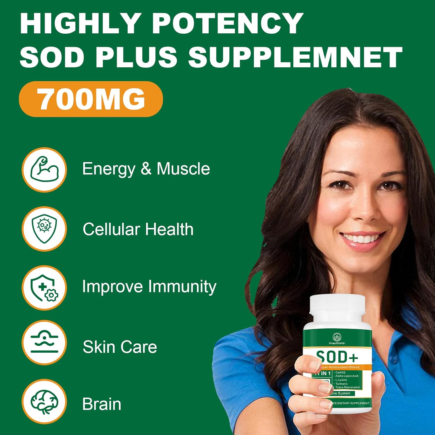 High Potency 700mg SOD Supplement with VitacryllynMN - Antioxidant for Cellular Health - 180 Capsules