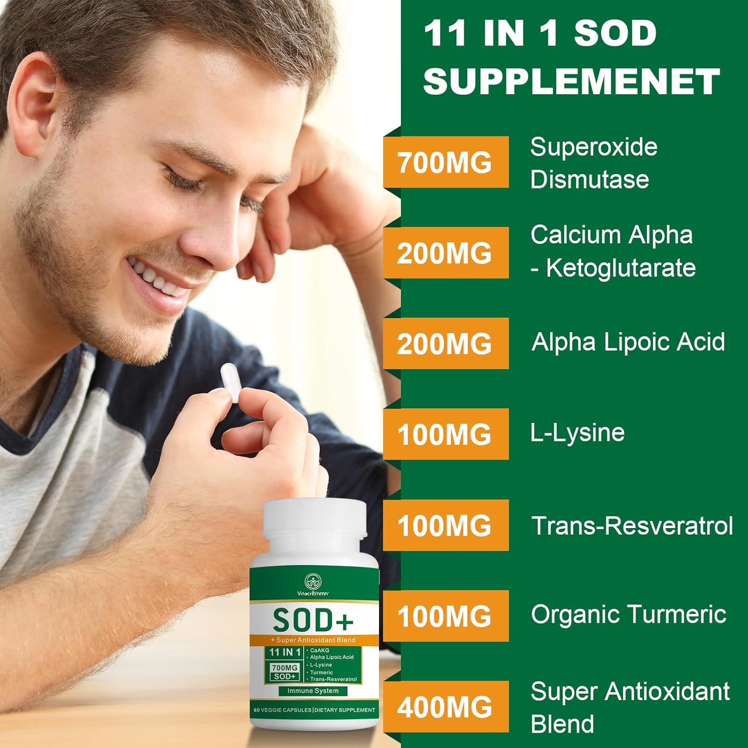 High Potency 700mg SOD Supplement with VitacryllynMN - Antioxidant for Cellular Health - 180 Capsules