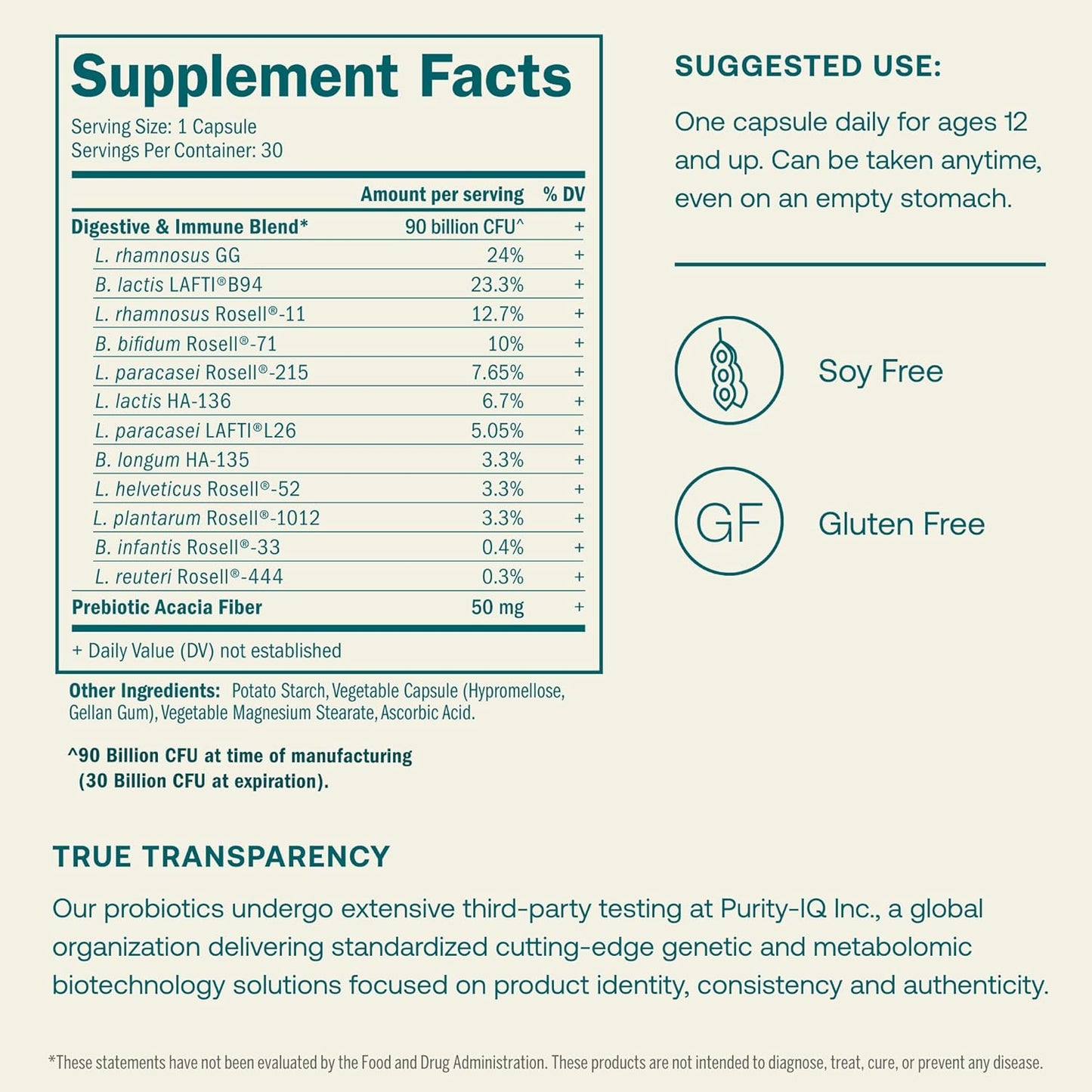 High Potency 90 Billion CFU Probiotic with Prebiotic Fiber - 30 Vegetarian Capsules for Gut & Immune Health - Gluten & Soy Free