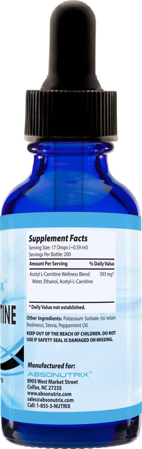 High Potency Absonutrix Acetyl L-Carnitine Liquid Drops - 593mg per Serving - 200 Servings - Fast Absorption - Gluten-Free - Third-Party Tested - GMP-Certified - Non-GMO - USA-Made