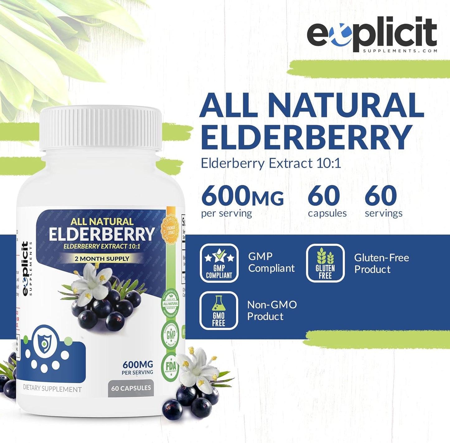 High Potency All Natural Elderberry Supplement for Immune Health - 1200mg Capsules - Made in USA - 60 Day Supply