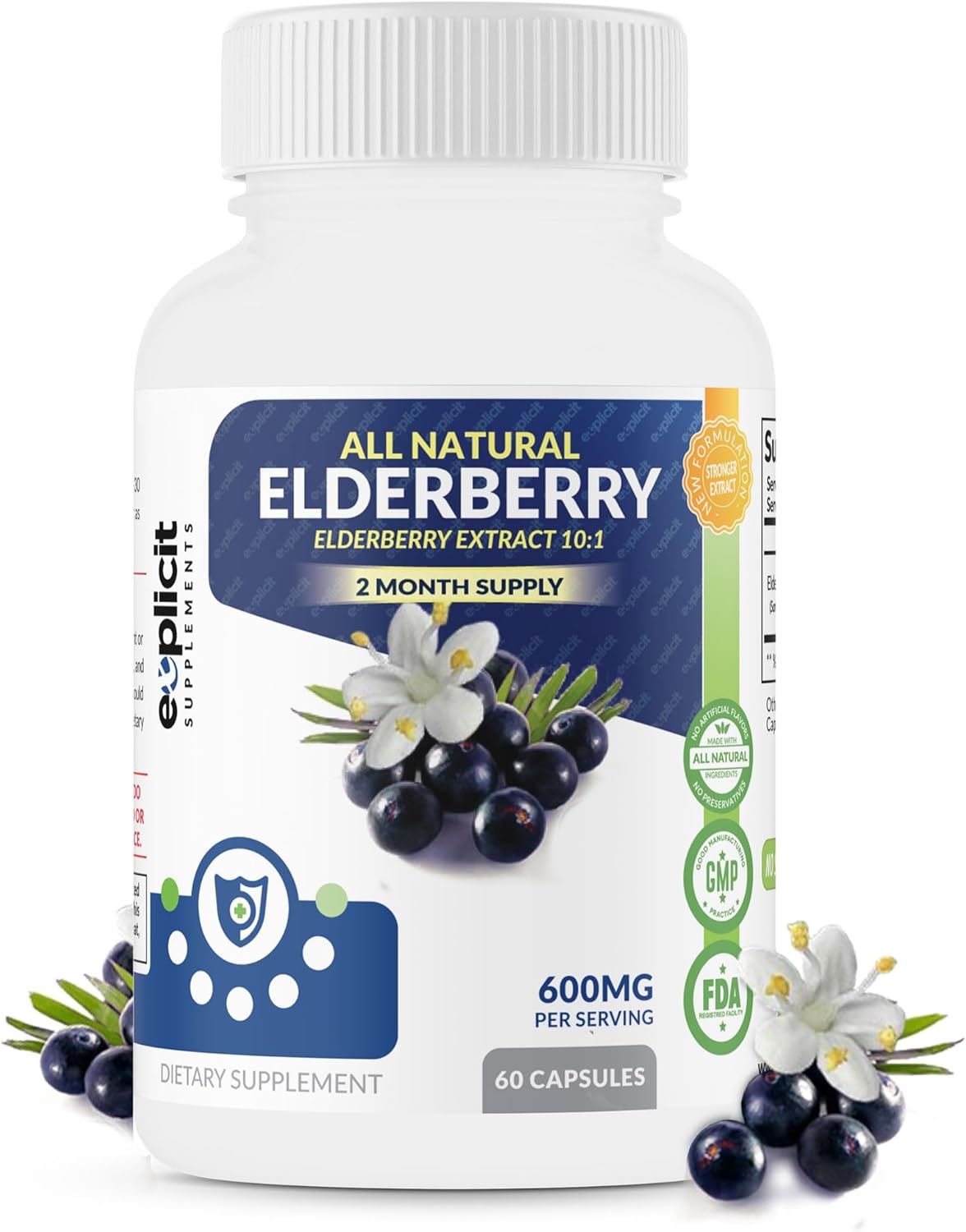 High Potency All Natural Elderberry Supplement for Immune Health - 1200mg Capsules - Made in USA - 60 Day Supply