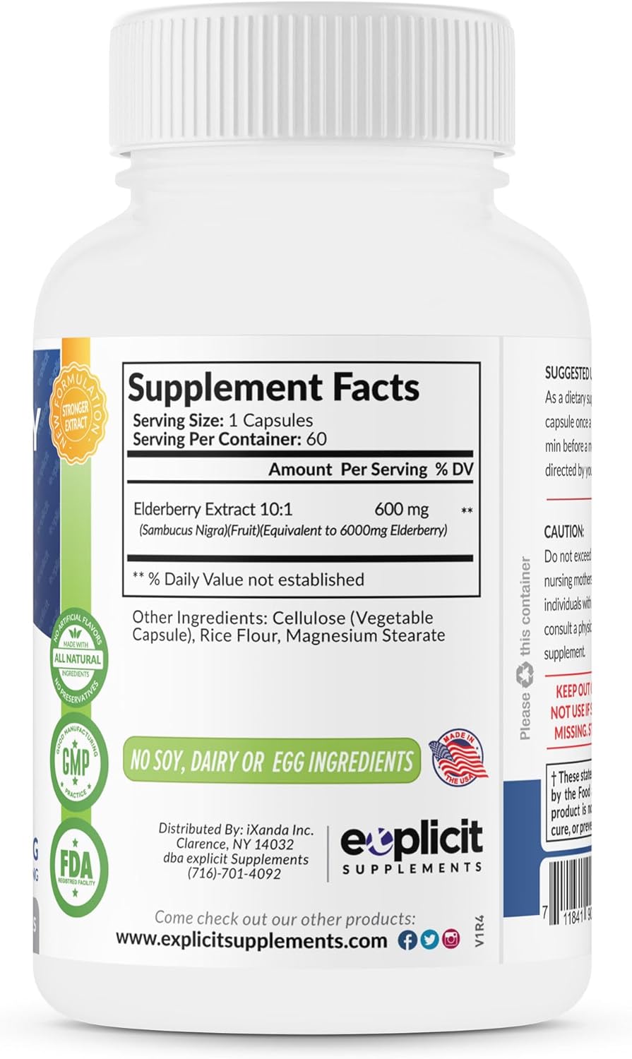 High Potency All Natural Elderberry Supplement for Immune Health - 1200mg Capsules - Made in USA - 60 Day Supply