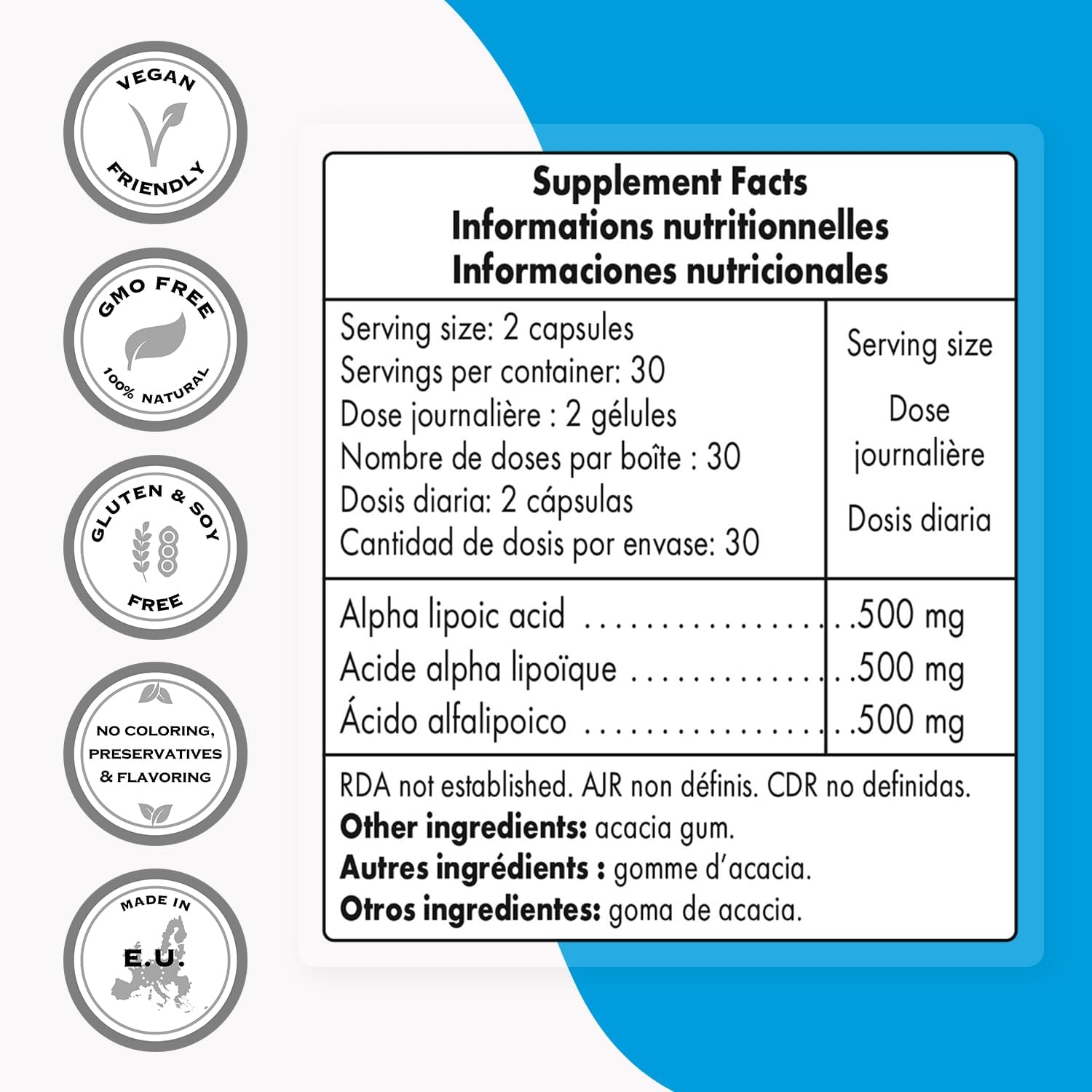High Potency Alpha Lipoic Acid Supplement - 500mg per Day - Universal Antioxidant - Non-GMO & Gluten Free - 60 Vegetarian Capsules