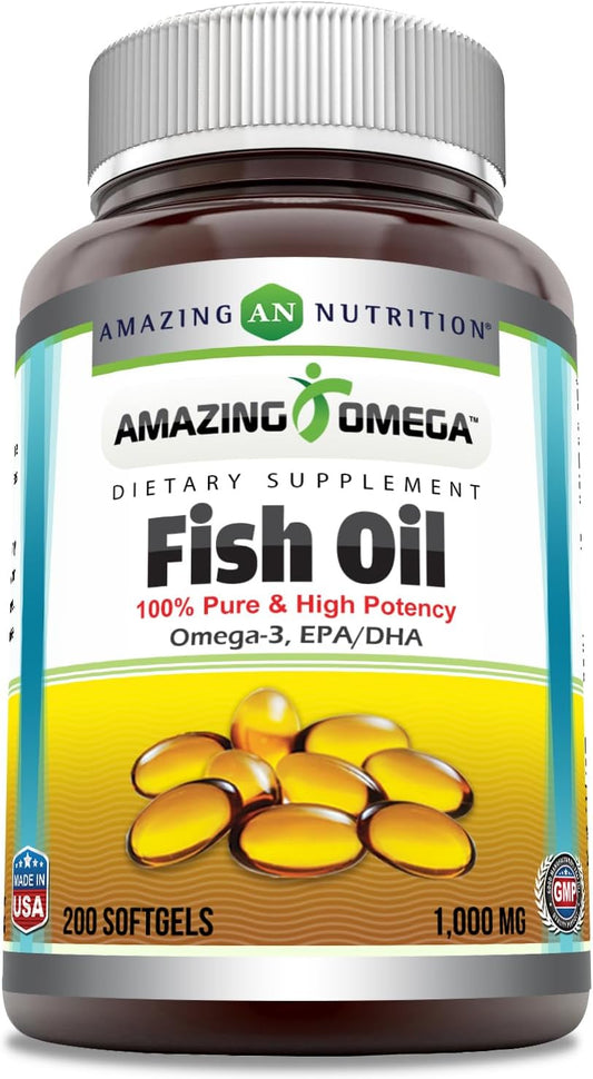 High Potency Amazing Omega Fish Oil Supplement, 1000 mg Softgels with Omega-3, EPA, and DHA | 200 Count