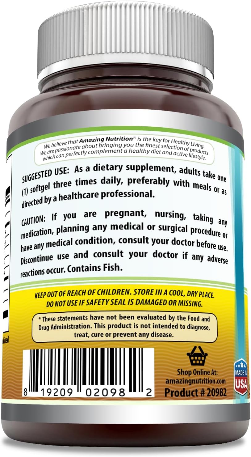 High Potency Amazing Omega Fish Oil Supplement, 1000 mg Softgels with Omega-3, EPA, and DHA | 200 Count