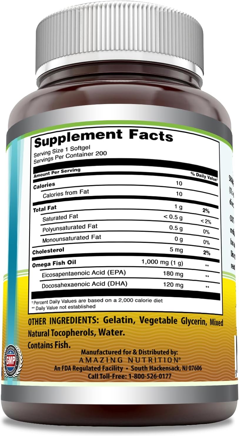 High Potency Amazing Omega Fish Oil Supplement, 1000 mg Softgels with Omega-3, EPA, and DHA | 200 Count