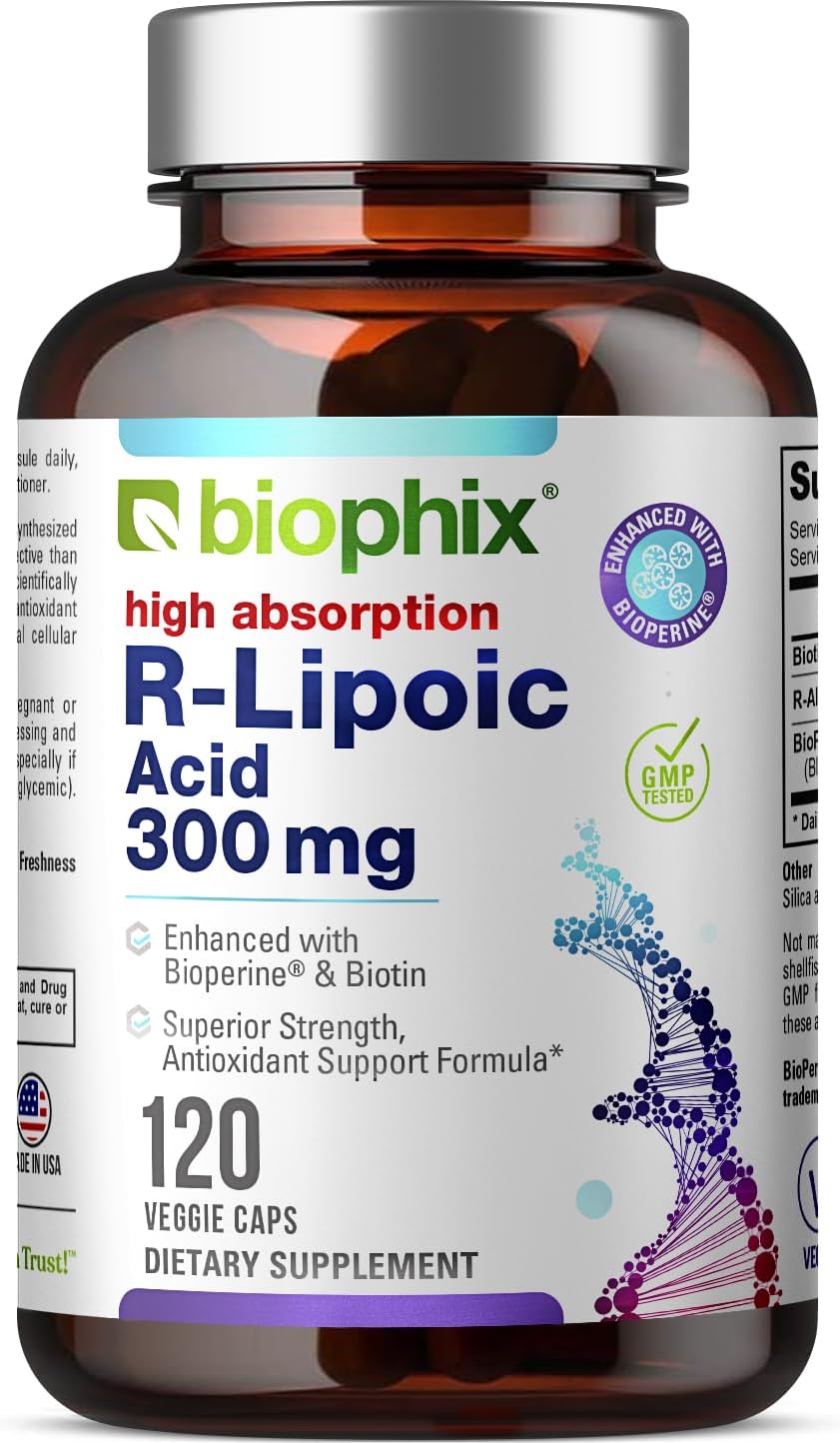 High Potency Antioxidant Support with Biotin - 300 mg R-Lipoic Acid Capsules - Non-GMO & Gluten Free - Promotes Energy Boost
