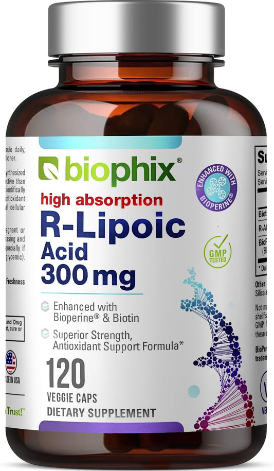 High Potency Antioxidant Support with Biotin - 300 mg R-Lipoic Acid Capsules - Non-GMO & Gluten Free - Promotes Energy Boost