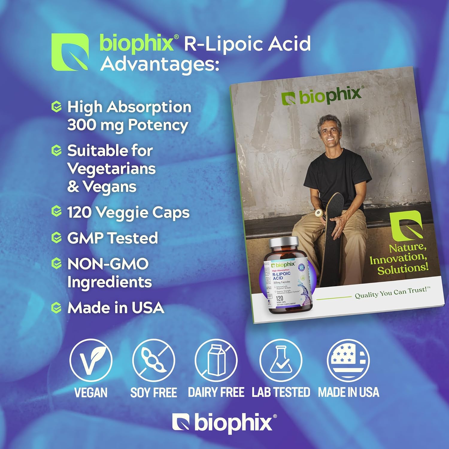 High Potency Antioxidant Support with Biotin - 300 mg R-Lipoic Acid Capsules - Non-GMO & Gluten Free - Promotes Energy Boost