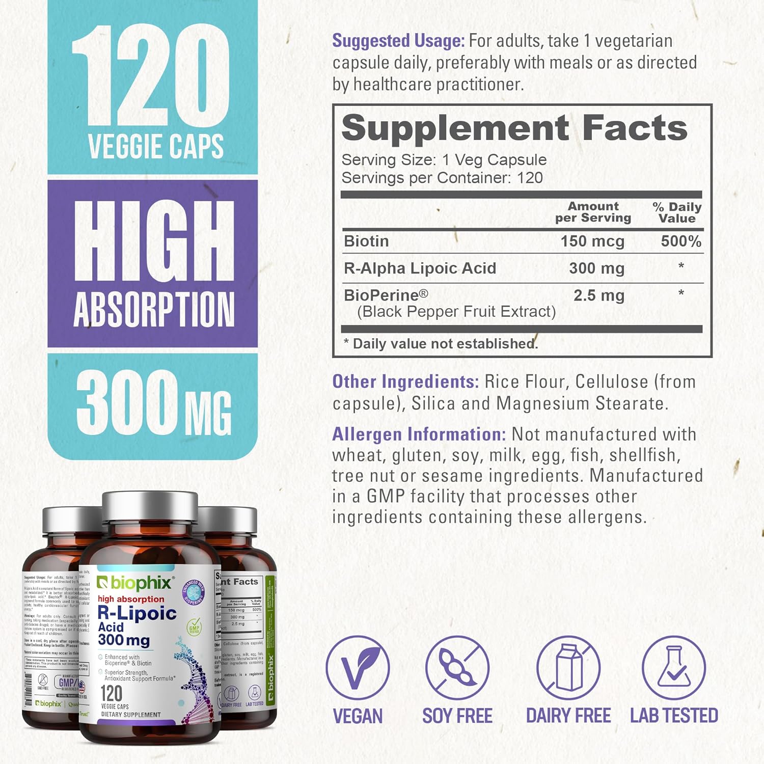 High Potency Antioxidant Support with Biotin - 300 mg R-Lipoic Acid Capsules - Non-GMO & Gluten Free - Promotes Energy Boost