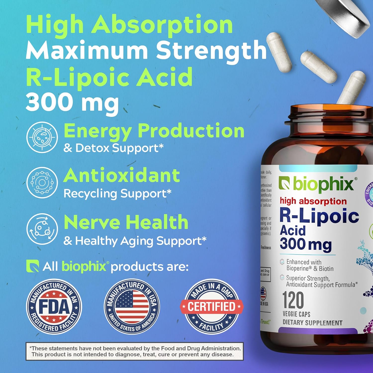High Potency Antioxidant Support with Biotin - 300 mg R-Lipoic Acid Capsules - Non-GMO & Gluten Free - Promotes Energy Boost