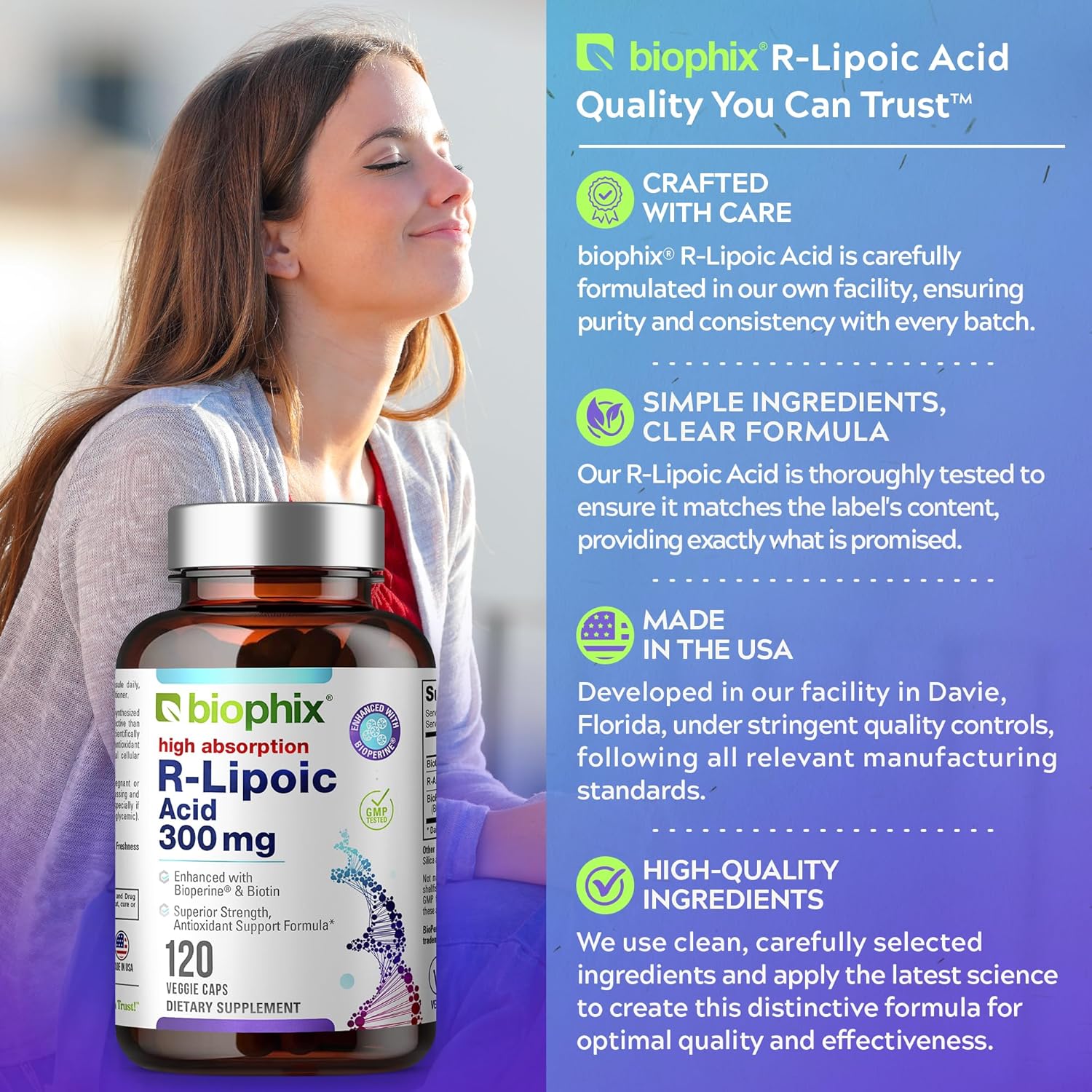 High Potency Antioxidant Support with Biotin - 300 mg R-Lipoic Acid Capsules - Non-GMO & Gluten Free - Promotes Energy Boost