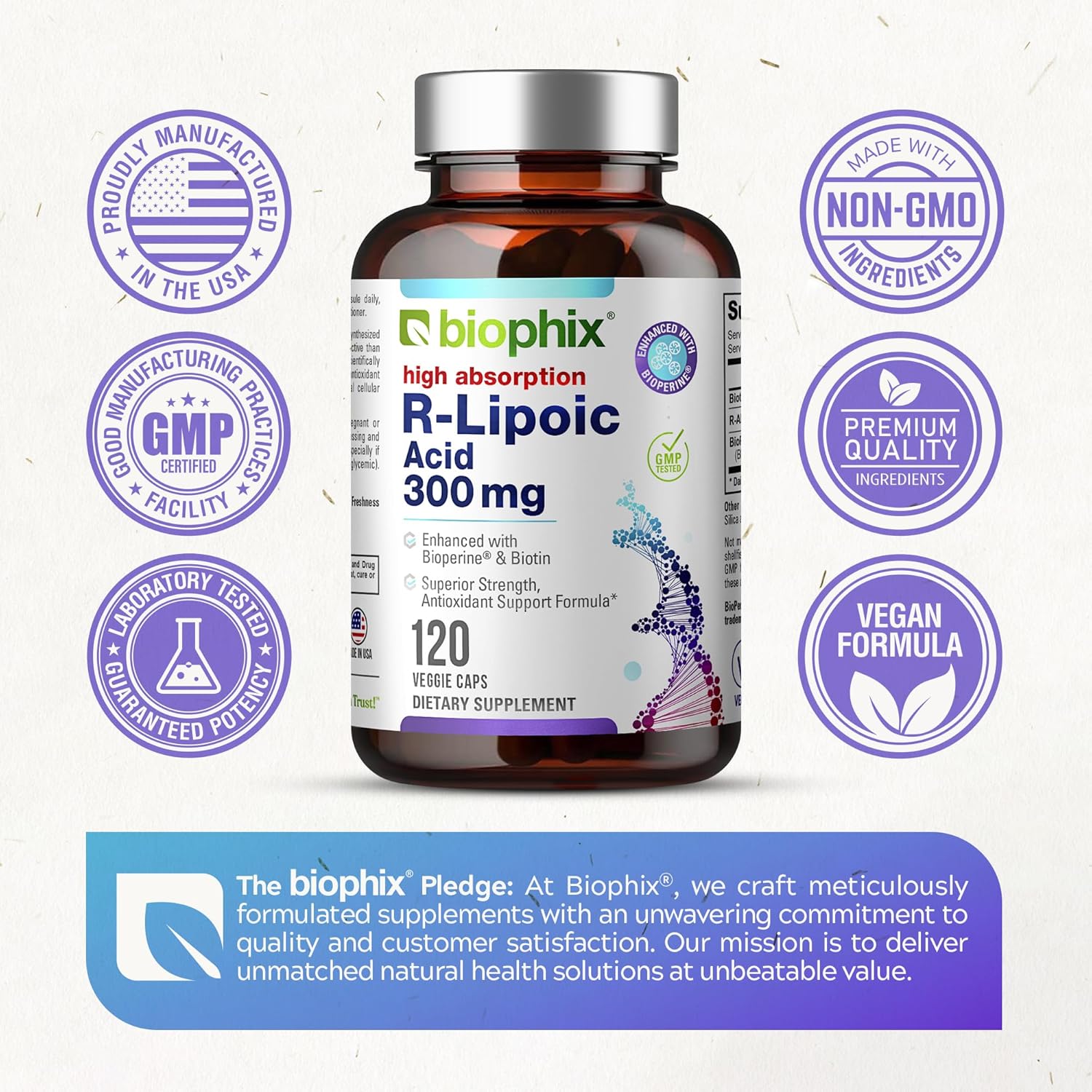 High Potency Antioxidant Support with Biotin - 300 mg R-Lipoic Acid Capsules - Non-GMO & Gluten Free - Promotes Energy Boost