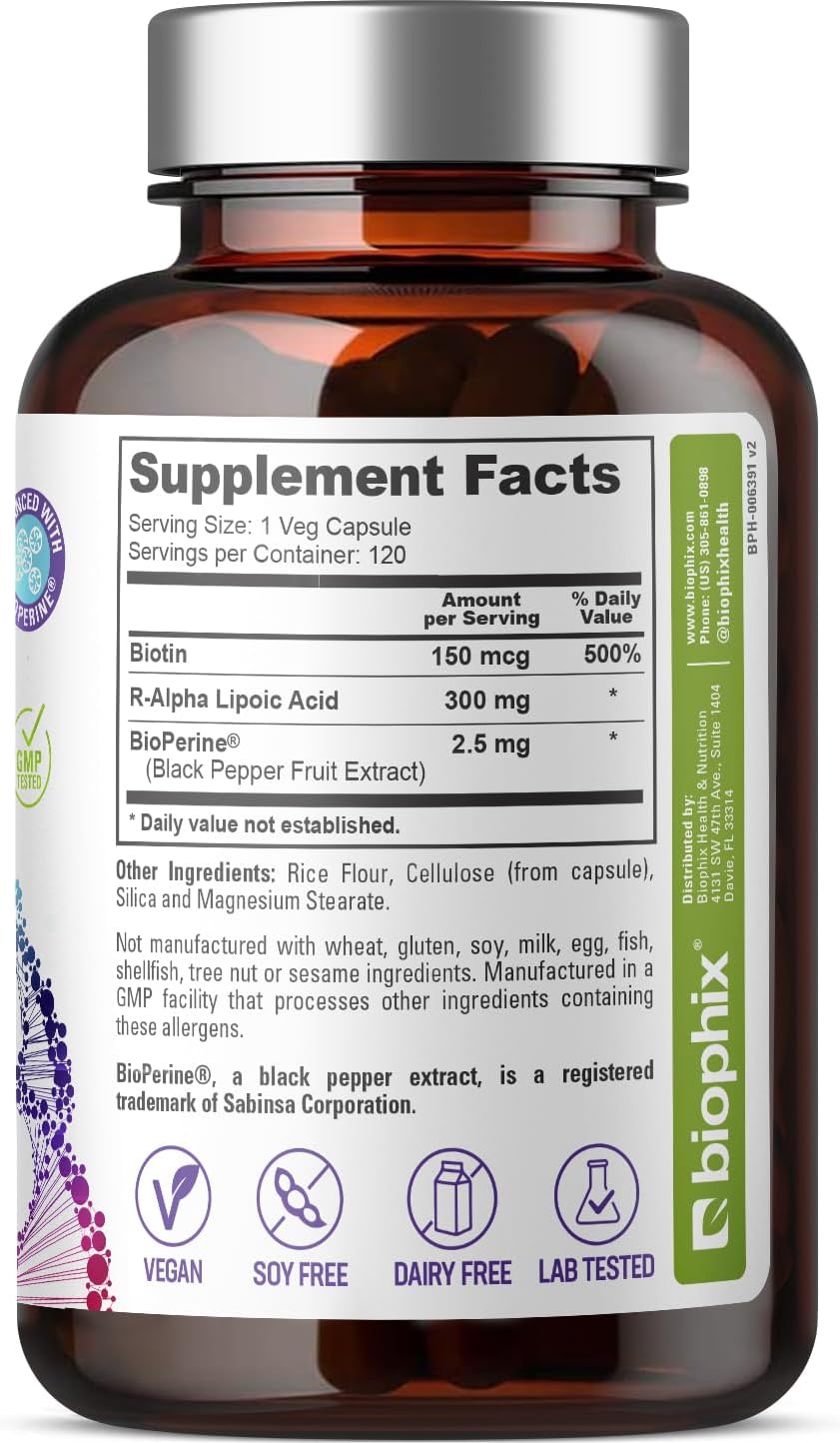 High Potency Antioxidant Support with Biotin - 300 mg R-Lipoic Acid Capsules - Non-GMO & Gluten Free - Promotes Energy Boost