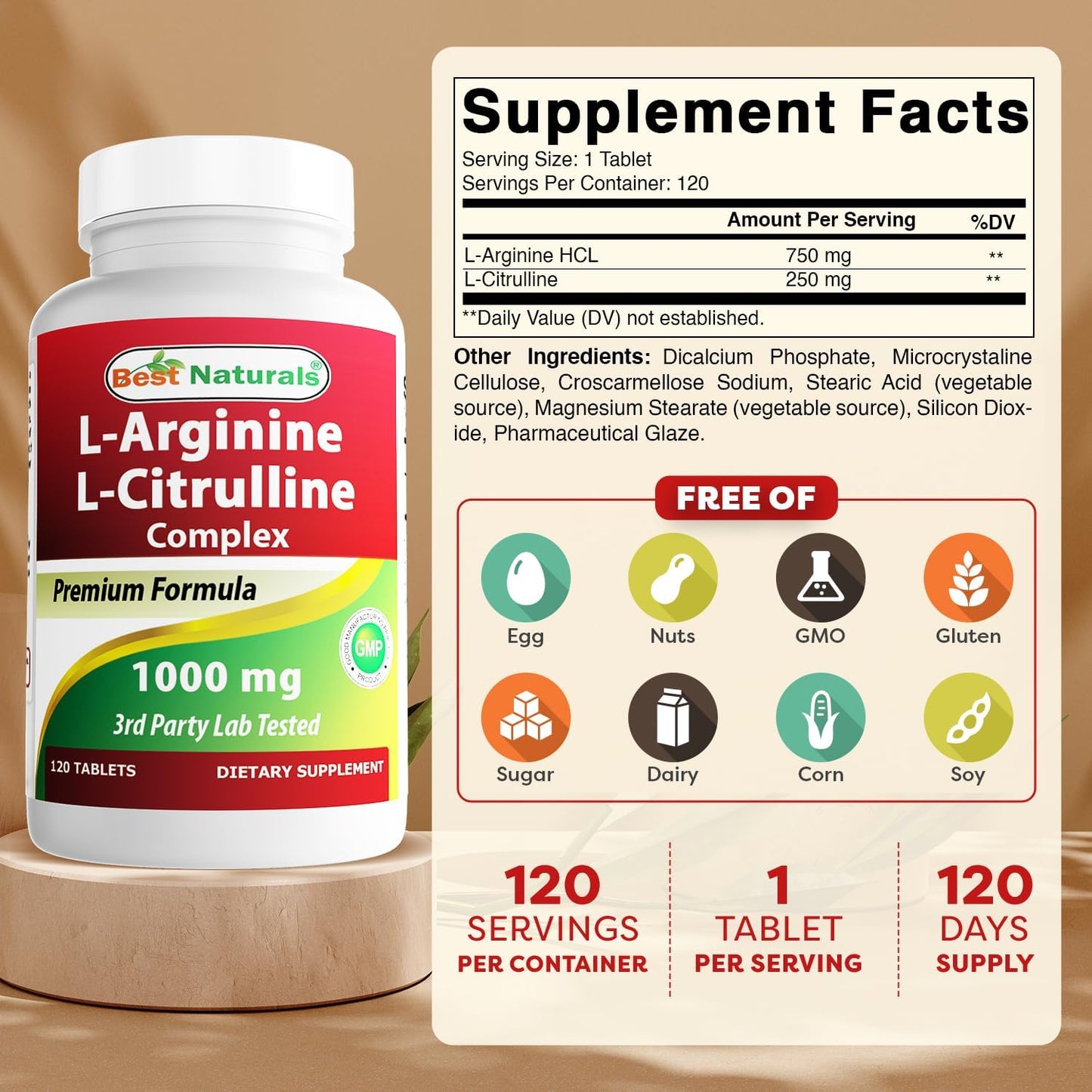 High Potency Arginine Citrulline Complex 1000mg Supplement - 120 Tablets, Made with Natural Ingredients