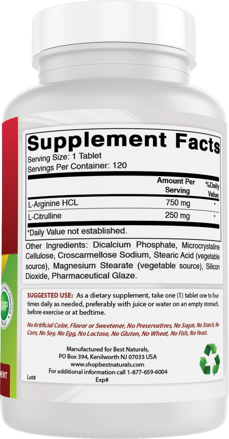 High Potency Arginine Citrulline Complex 1000mg Supplement - 120 Tablets, Made with Natural Ingredients