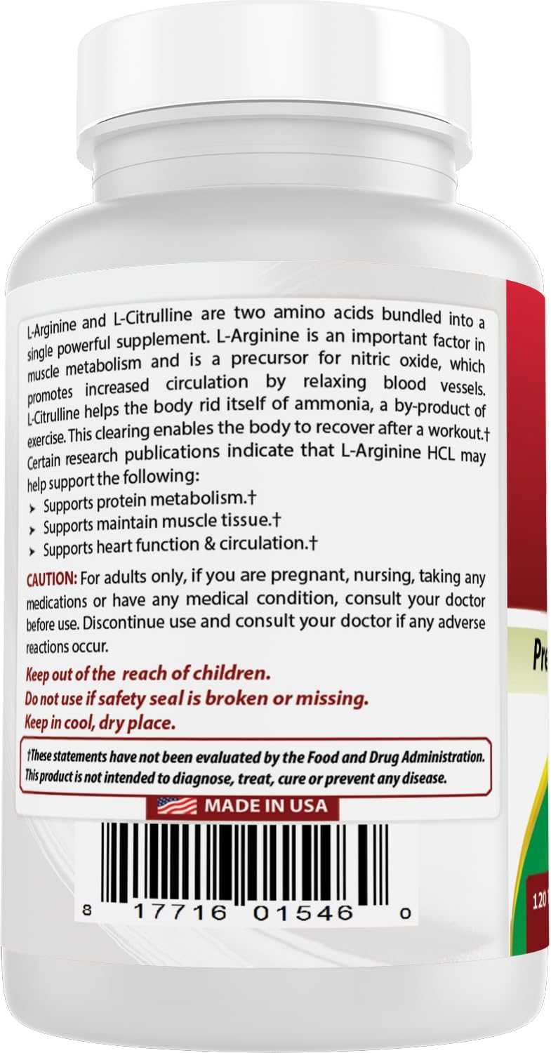 High Potency Arginine Citrulline Complex 1000mg Supplement - 120 Tablets, Made with Natural Ingredients