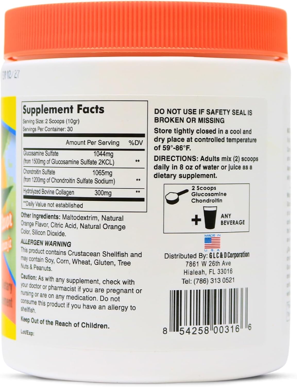 High Potency Arymar Glucosamine & Chondroitin with Collagen for Joint Health - Orange Flavor, 1500mg-1200mg