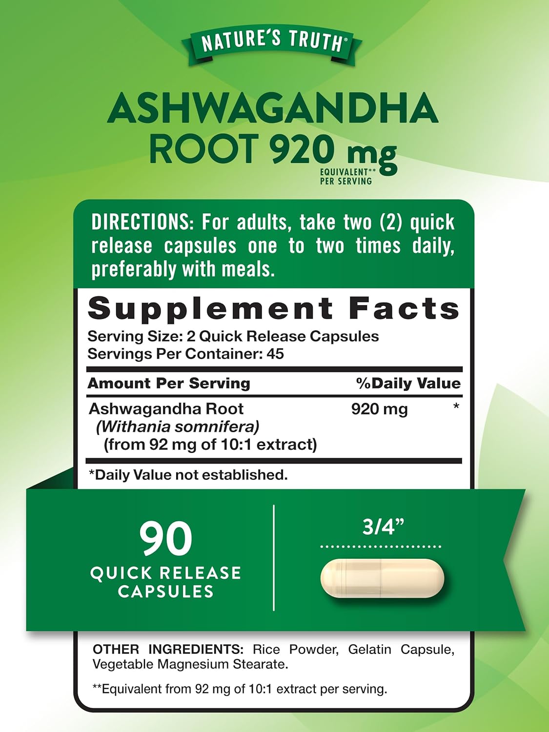 High Potency Ashwagandha Capsules 920mg - 90 Count | Non-GMO & Gluten Free Supplement by Nature's Truth