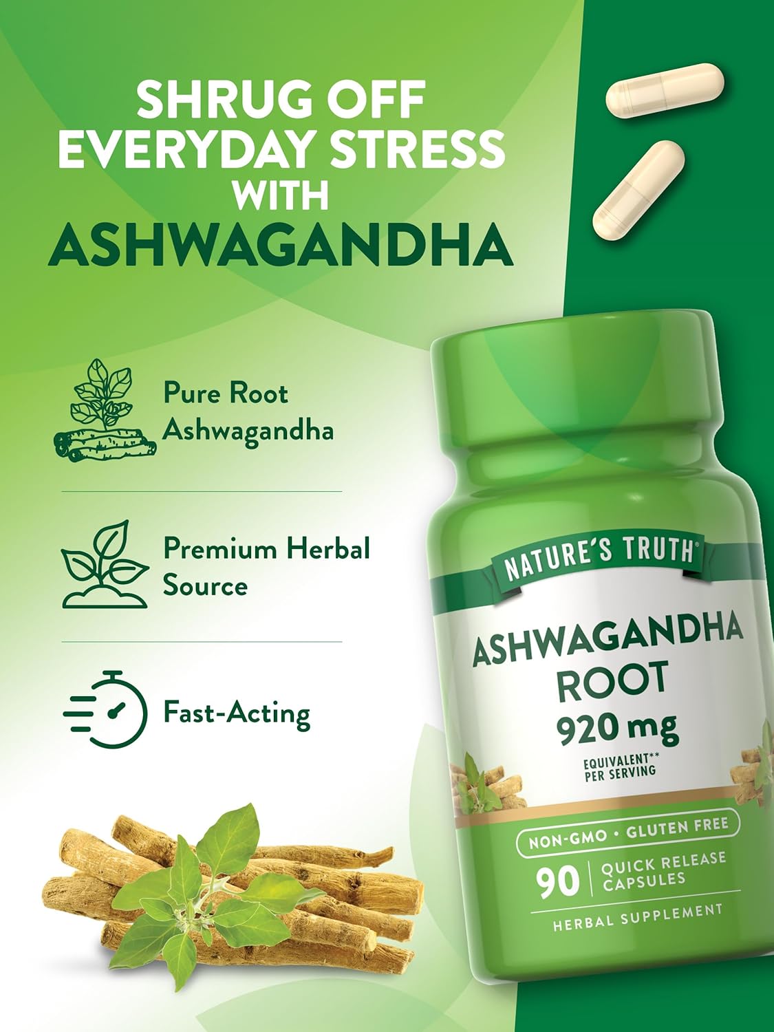 High Potency Ashwagandha Capsules 920mg - 90 Count | Non-GMO & Gluten Free Supplement by Nature's Truth