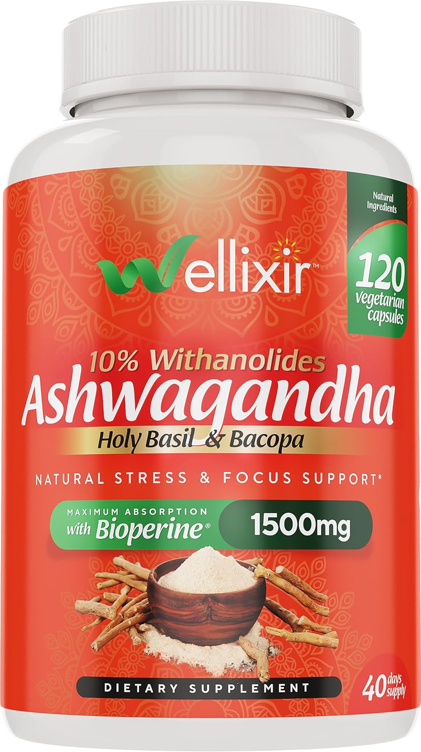 High-Potency Ashwagandha Capsules with 10% Withanolides - Natural Stress Relief, Sleep Aid, and Focus Support Supplement for Men and Women - 1500mg, 120 Count