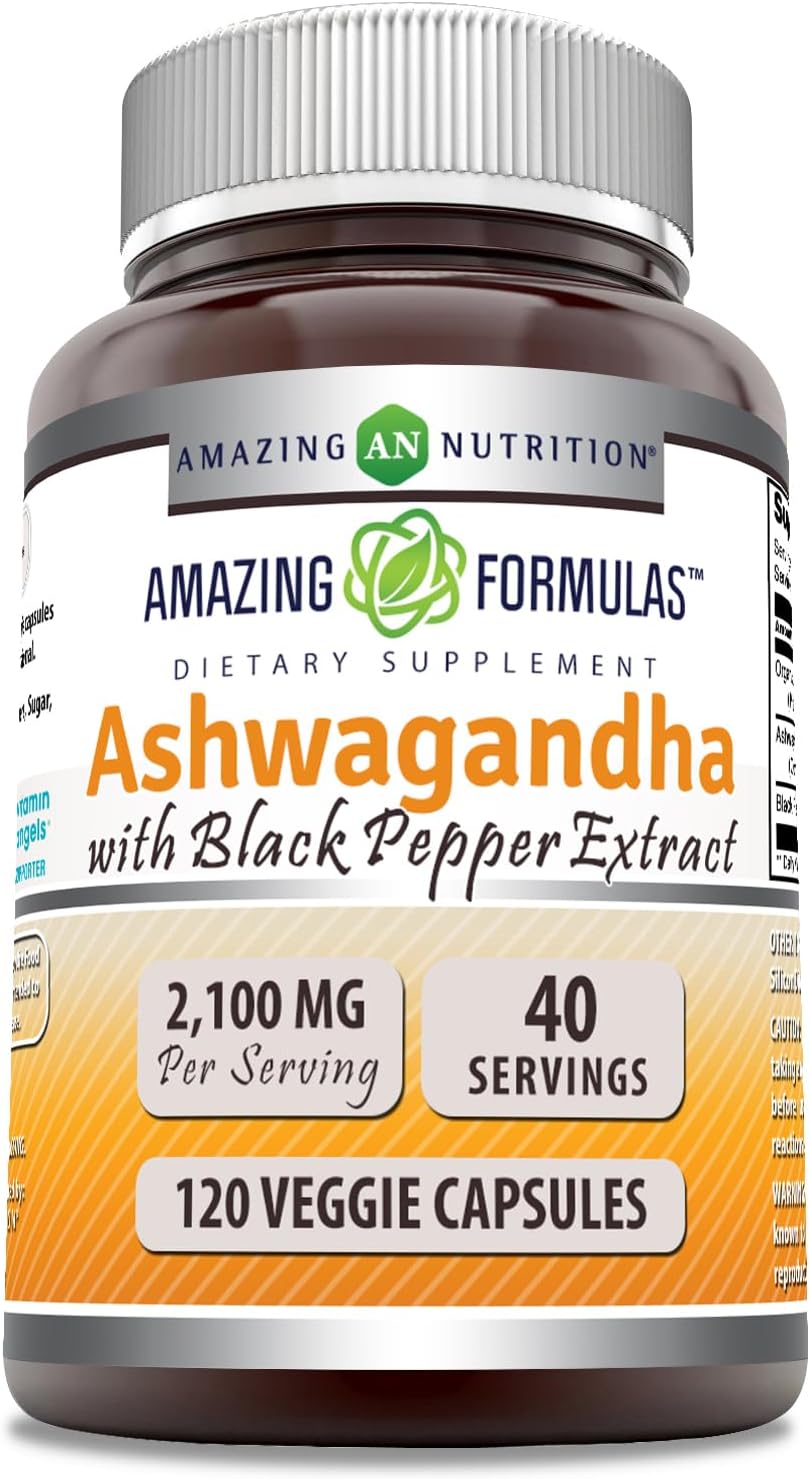 High Potency Ashwagandha Root & Black Pepper Extract Supplement | 2100mg Per Serving | 120 Veg Caps | Non-GMO & Gluten-Free | USA Made
