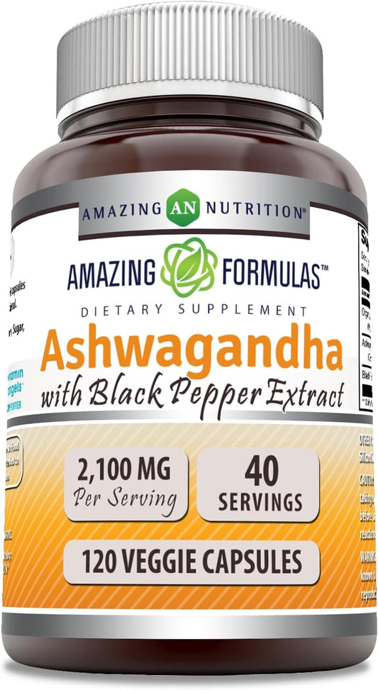 High Potency Ashwagandha Root & Black Pepper Extract Supplement | 2100mg Per Serving | 120 Veg Caps | Non-GMO & Gluten-Free | USA Made