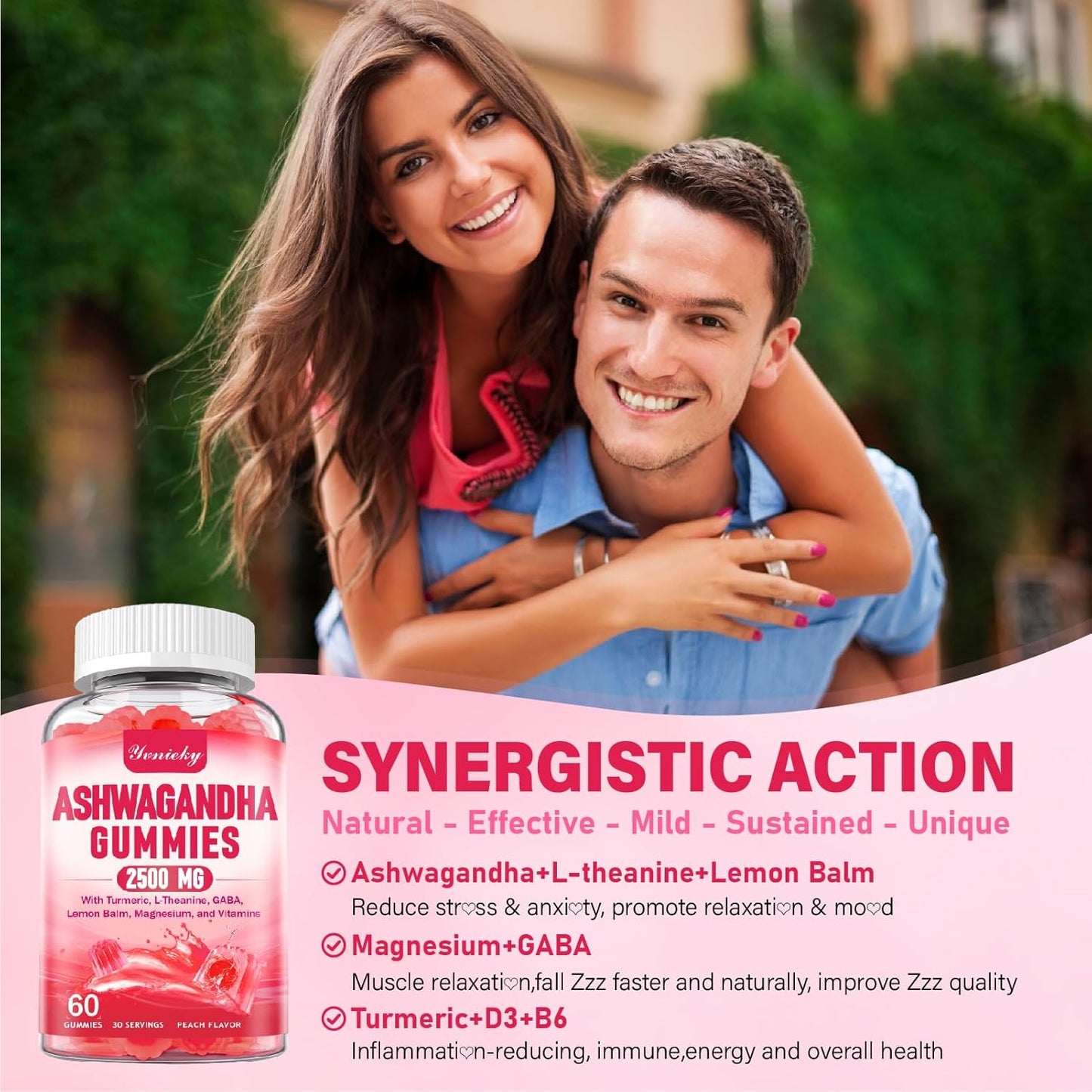 High-Potency Ashwagandha & Turmeric Gummies for Women & Men - Vegan Strawberry Supplement with Vitamin D3, L-Theanine, Magnesium - 2500mg Strength