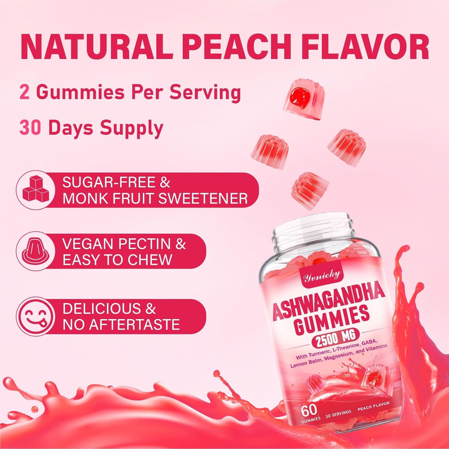 High-Potency Ashwagandha & Turmeric Gummies for Women & Men - Vegan Strawberry Supplement with Vitamin D3, L-Theanine, Magnesium - 2500mg Strength