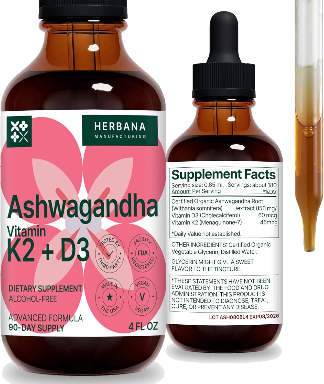 High Potency Ashwagandha, Vitamin K2 & D3 Liquid Drops for Natural Stress Relief, Mood Boost, Sleep & Calming Support - Withania Somnifera Tincture - 90-Day Supply