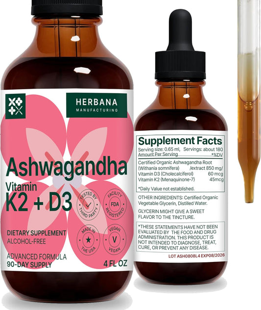 High Potency Ashwagandha, Vitamin K2 & D3 Liquid Drops for Natural Stress Relief, Mood Boost, Sleep & Calming Support - Withania Somnifera Tincture - 90-Day Supply
