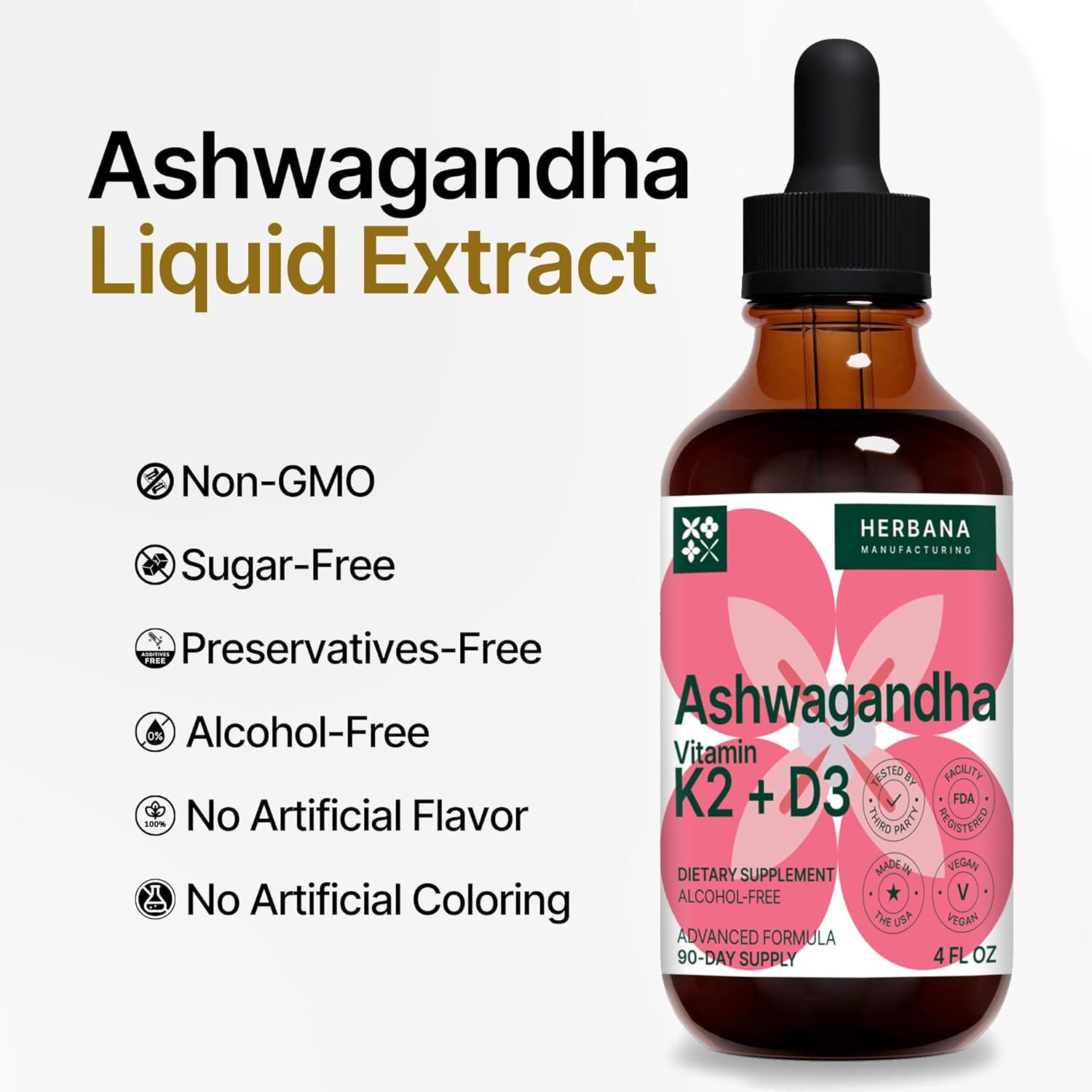 High Potency Ashwagandha, Vitamin K2 & D3 Liquid Drops for Natural Stress Relief, Mood Boost, Sleep & Calming Support - Withania Somnifera Tincture - 90-Day Supply