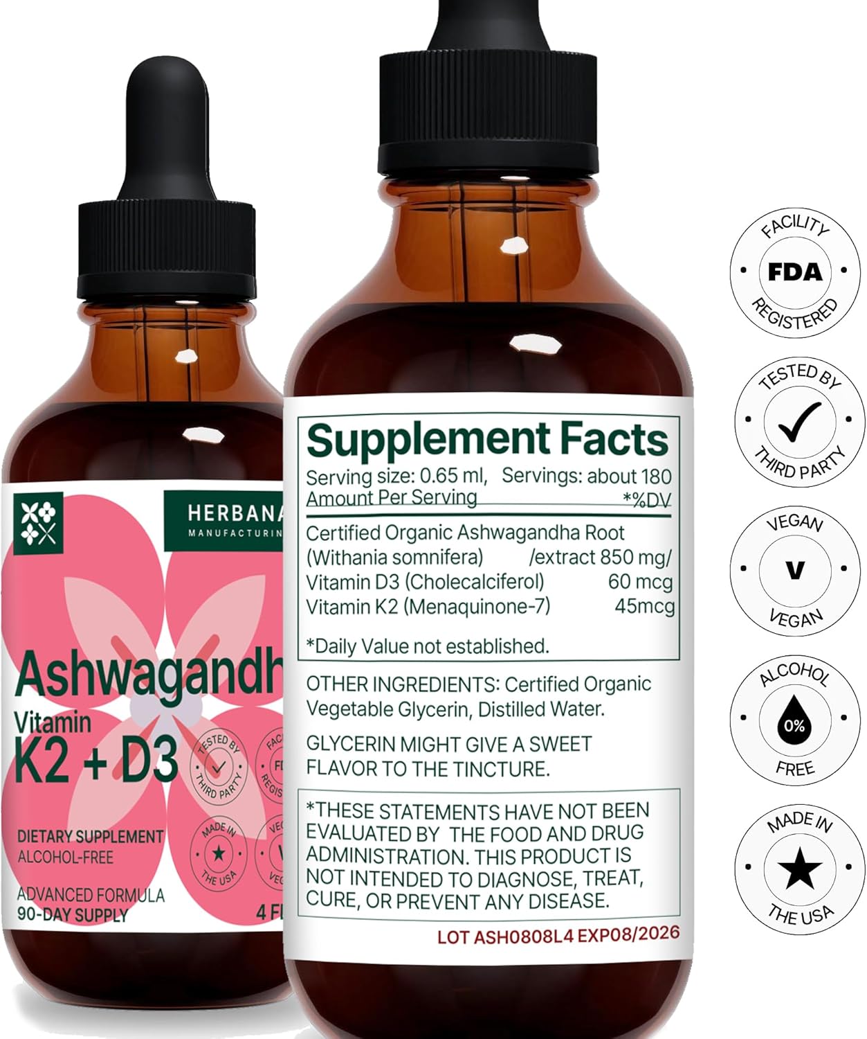 High Potency Ashwagandha, Vitamin K2 & D3 Liquid Drops for Natural Stress Relief, Mood Boost, Sleep & Calming Support - Withania Somnifera Tincture - 90-Day Supply