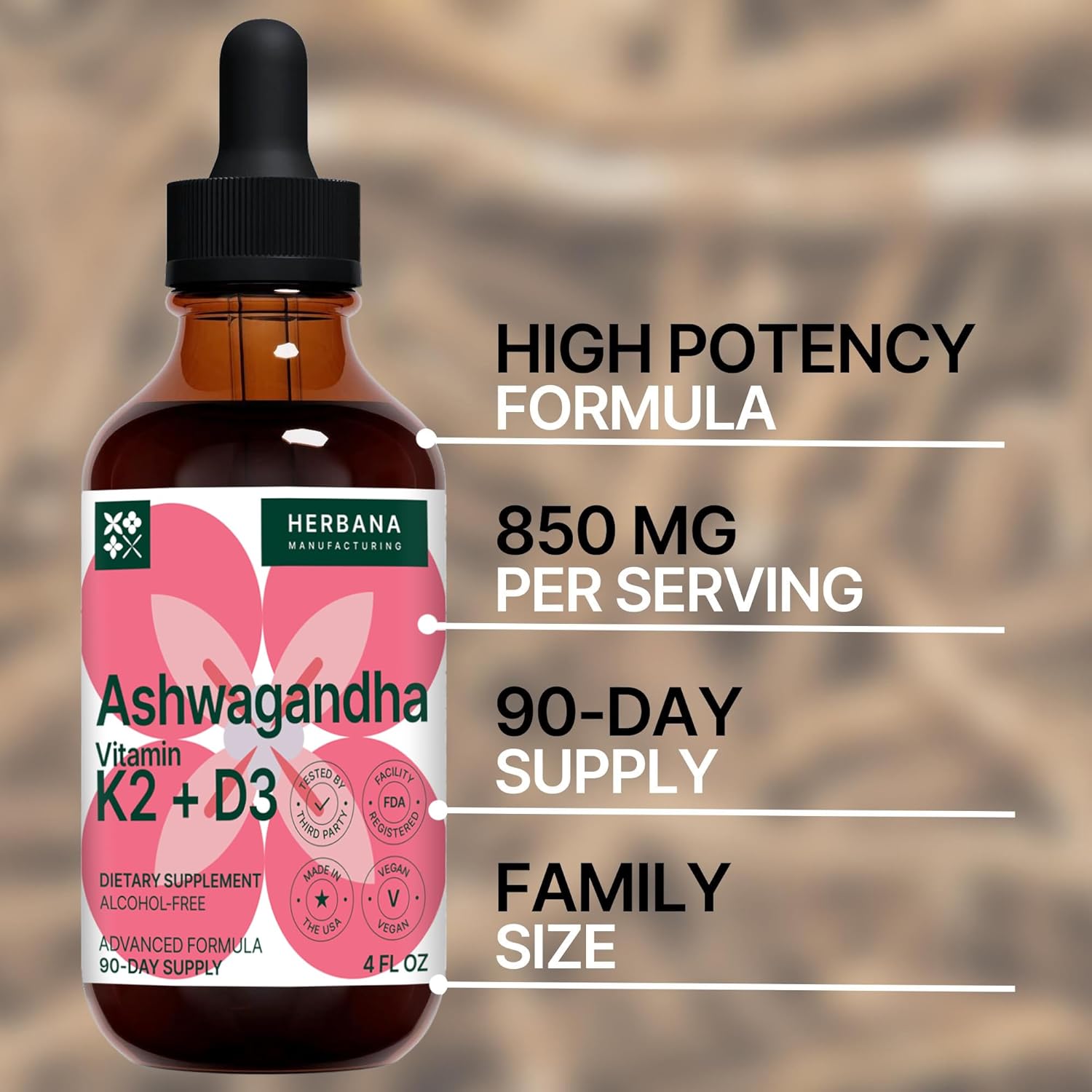 High Potency Ashwagandha, Vitamin K2 & D3 Liquid Drops for Natural Stress Relief, Mood Boost, Sleep & Calming Support - Withania Somnifera Tincture - 90-Day Supply