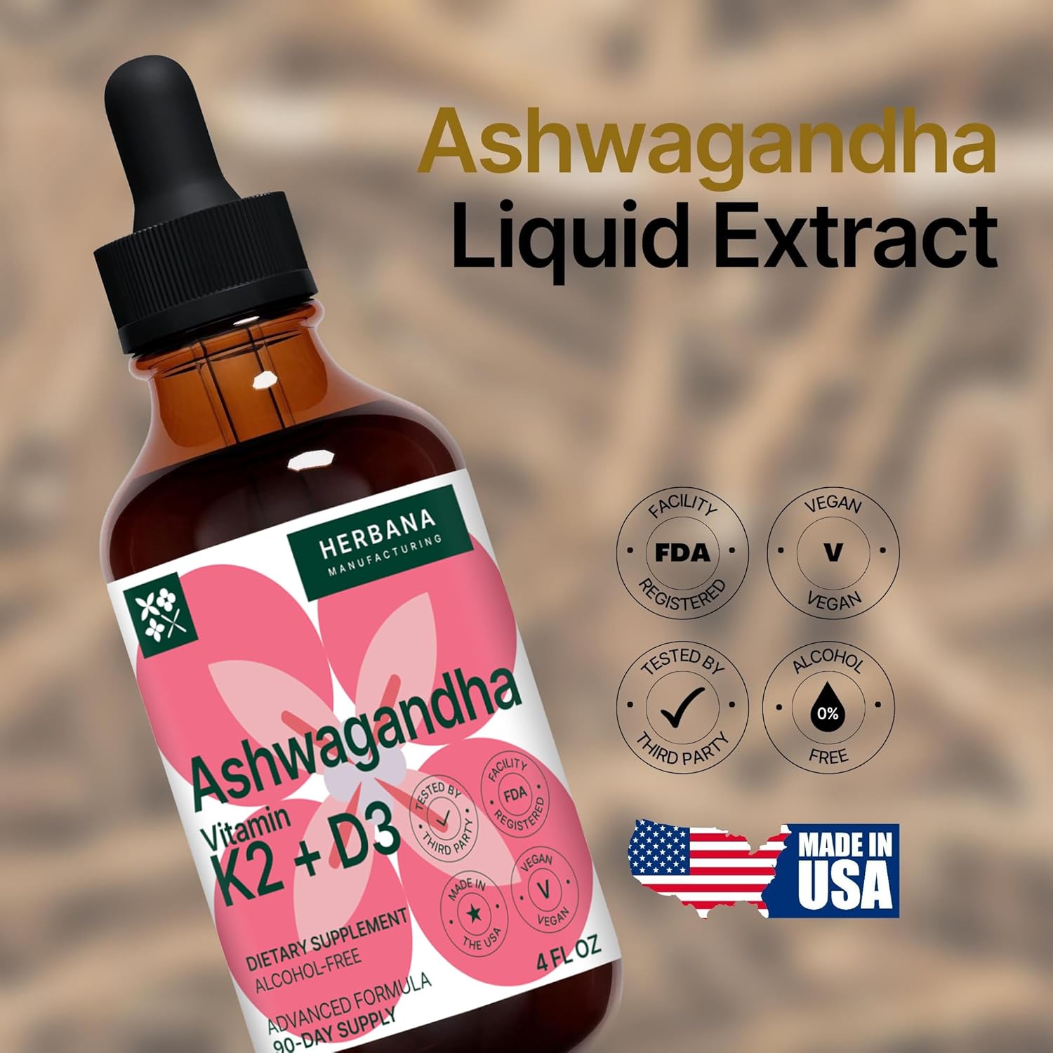 High Potency Ashwagandha, Vitamin K2 & D3 Liquid Drops for Natural Stress Relief, Mood Boost, Sleep & Calming Support - Withania Somnifera Tincture - 90-Day Supply