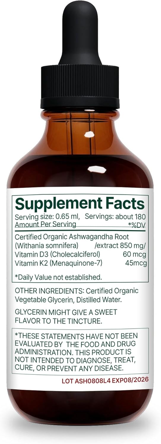 High Potency Ashwagandha, Vitamin K2 & D3 Liquid Drops for Natural Stress Relief, Mood Boost, Sleep & Calming Support - Withania Somnifera Tincture - 90-Day Supply