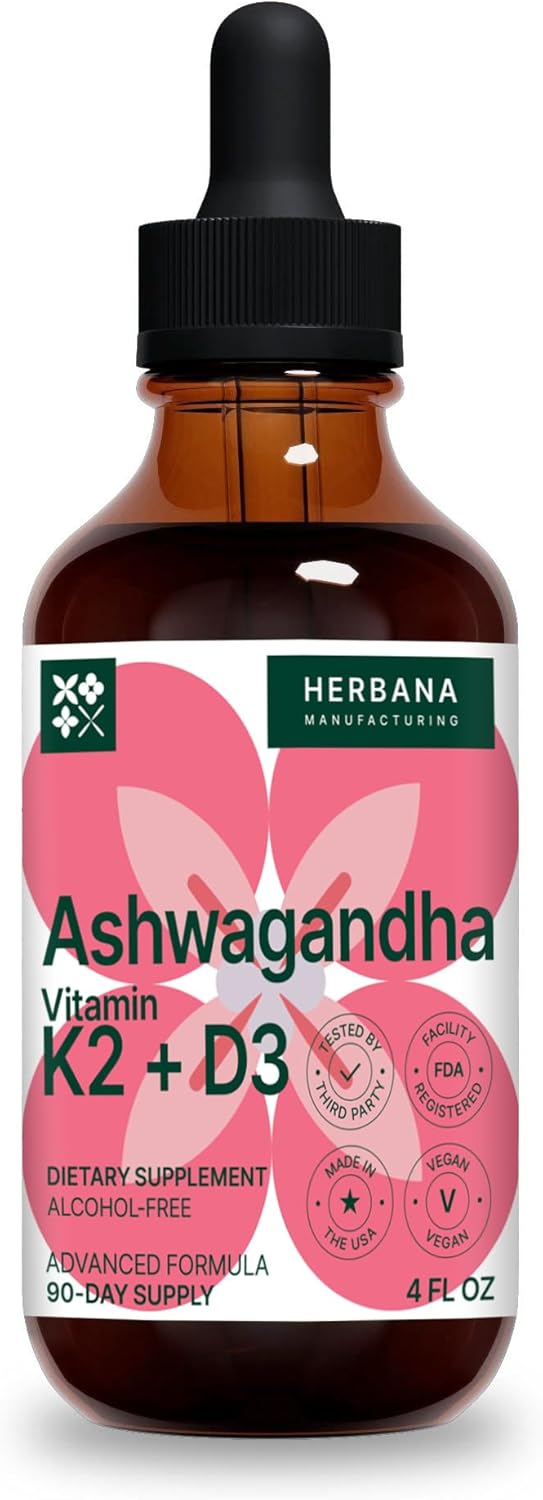 High Potency Ashwagandha, Vitamin K2 & D3 Liquid Drops for Natural Stress Relief, Mood Boost, Sleep & Calming Support - Withania Somnifera Tincture - 90-Day Supply