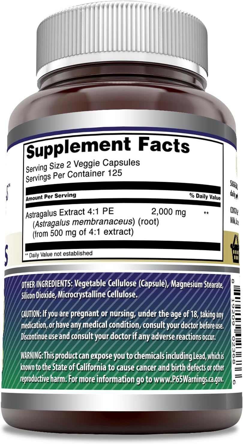 High Potency Astragalus 2000mg Capsules | Pure Astragalus Membranaceus Root Extract | Non-GMO & Gluten Free | 250 Count