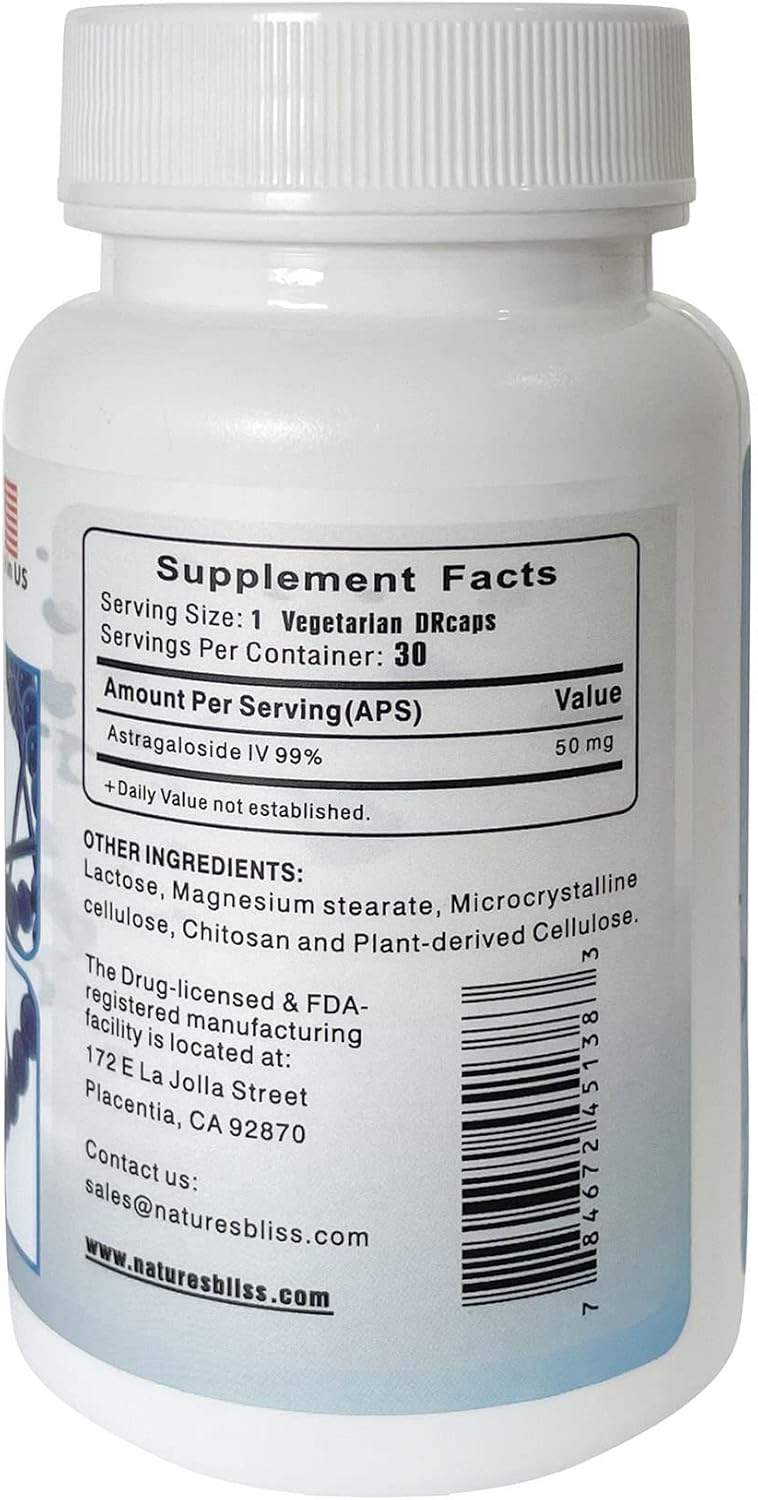 High Potency Astragalus Root Extract Capsules | 99% Astragaloside IV | Stomach Acid Protection & Enhanced Absorption | Made in USA | 50mg x 30 Capsules