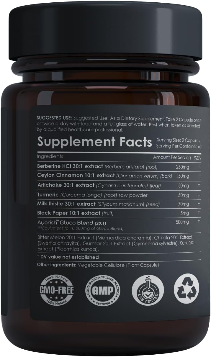 High Potency Ayorish Berberine Supplement with Ceylon Cinnamon, Artichoke, Turmeric, Milk Thistle - 120 Veg Capsules