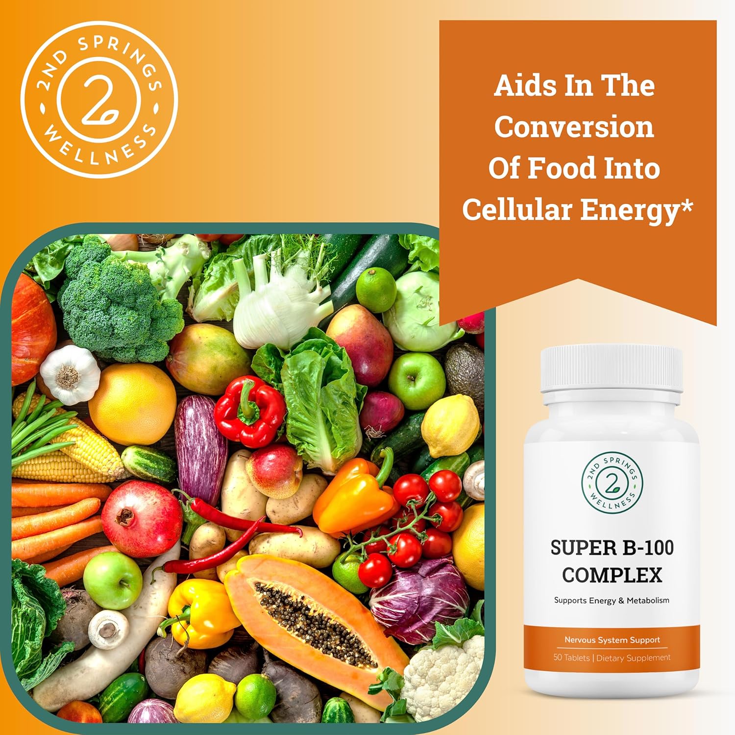 High Potency B-100 Complex with B-6, B-12, Folate, Niacin, Biotin, Choline, Inositol, and PABA for Energy, Metabolism, Brain, and Nerve Support by 2nd Springs