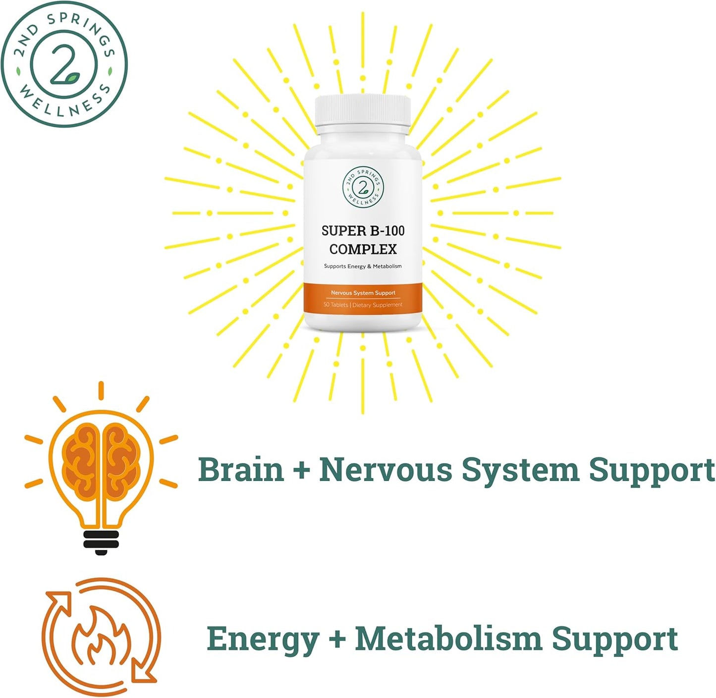 High Potency B-100 Complex with B-6, B-12, Folate, Niacin, Biotin, Choline, Inositol, and PABA for Energy, Metabolism, Brain, and Nerve Support by 2nd Springs