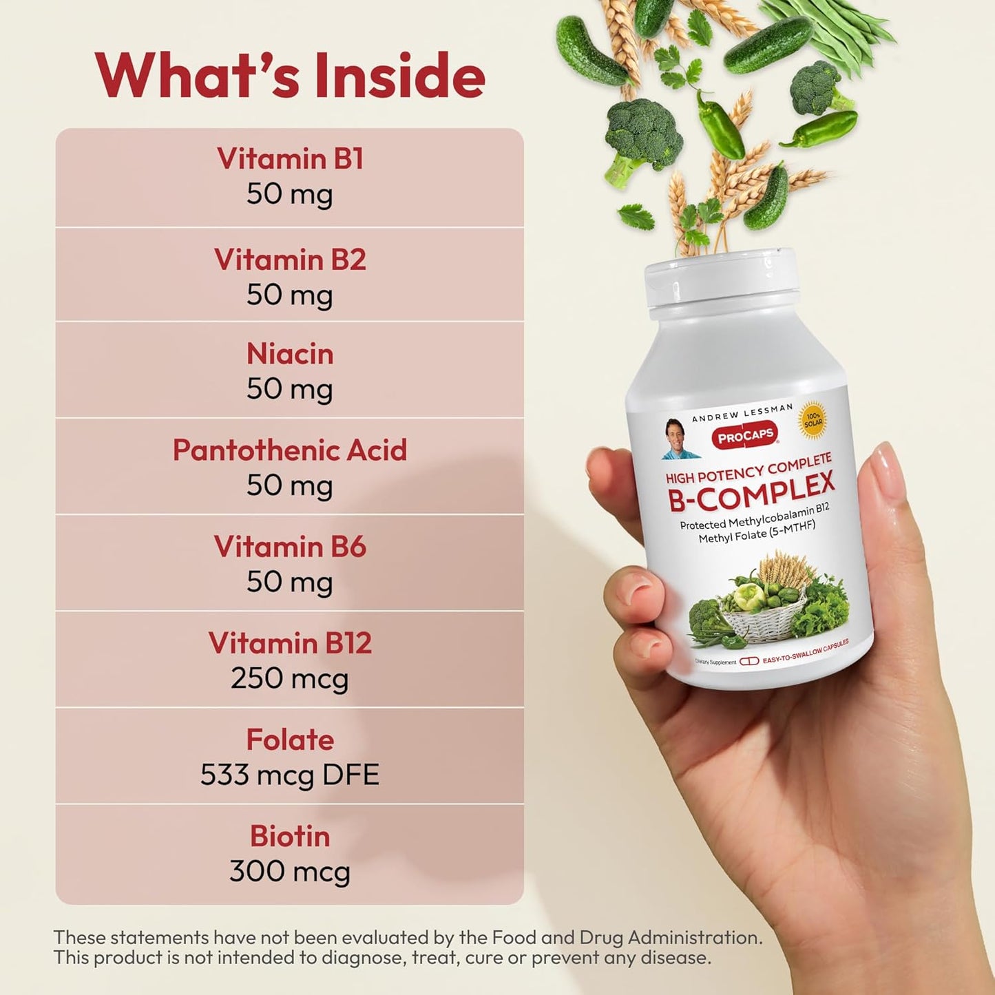 High Potency B-Complex Capsules with Folate Complex and Biotin for Cellular Growth and Energy Boost