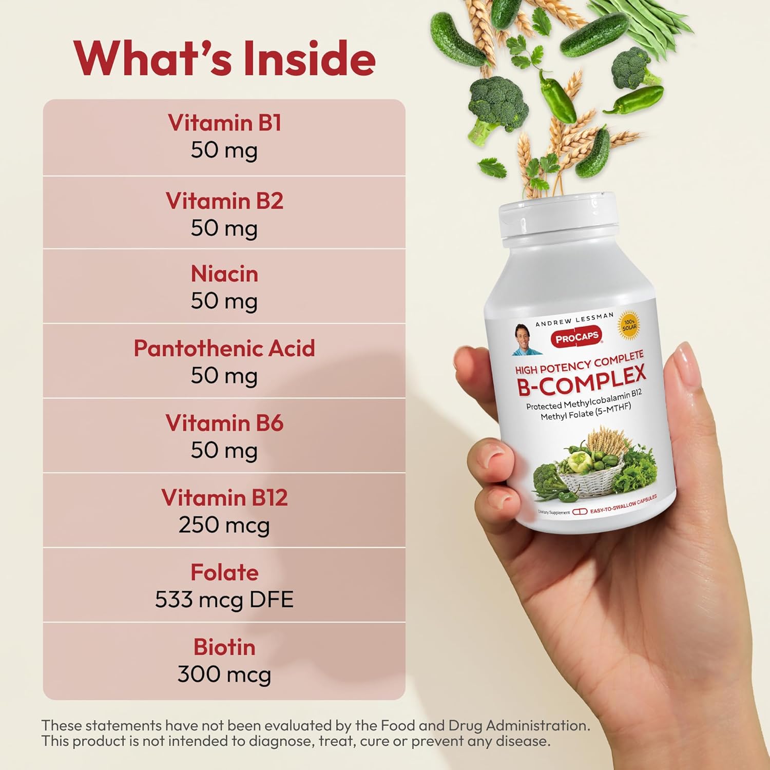 High Potency B-Complex Capsules with Folate Complex and Biotin for Cellular Growth and Energy Boost