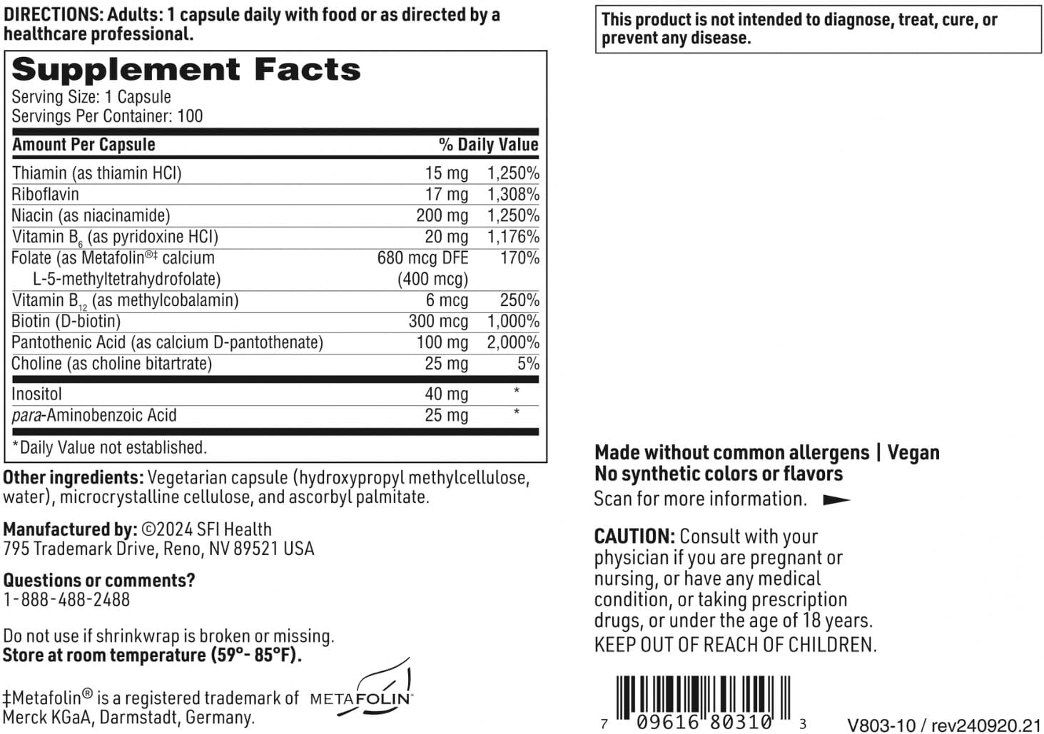 High Potency B Complex Plus with B12 Methylcobalamin, B6 & Metafolin Folate - Energy, Digestive, and Brain Health Support - 100 Capsules
