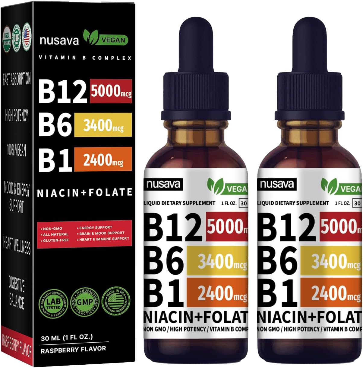 High Potency B12 Vitamins 5000 Mcg Sublingual Liquid Drops - Methylcobalamin Vitamin B Complex with B6 for Energy Boost - 2 Pack for Max Absorption
