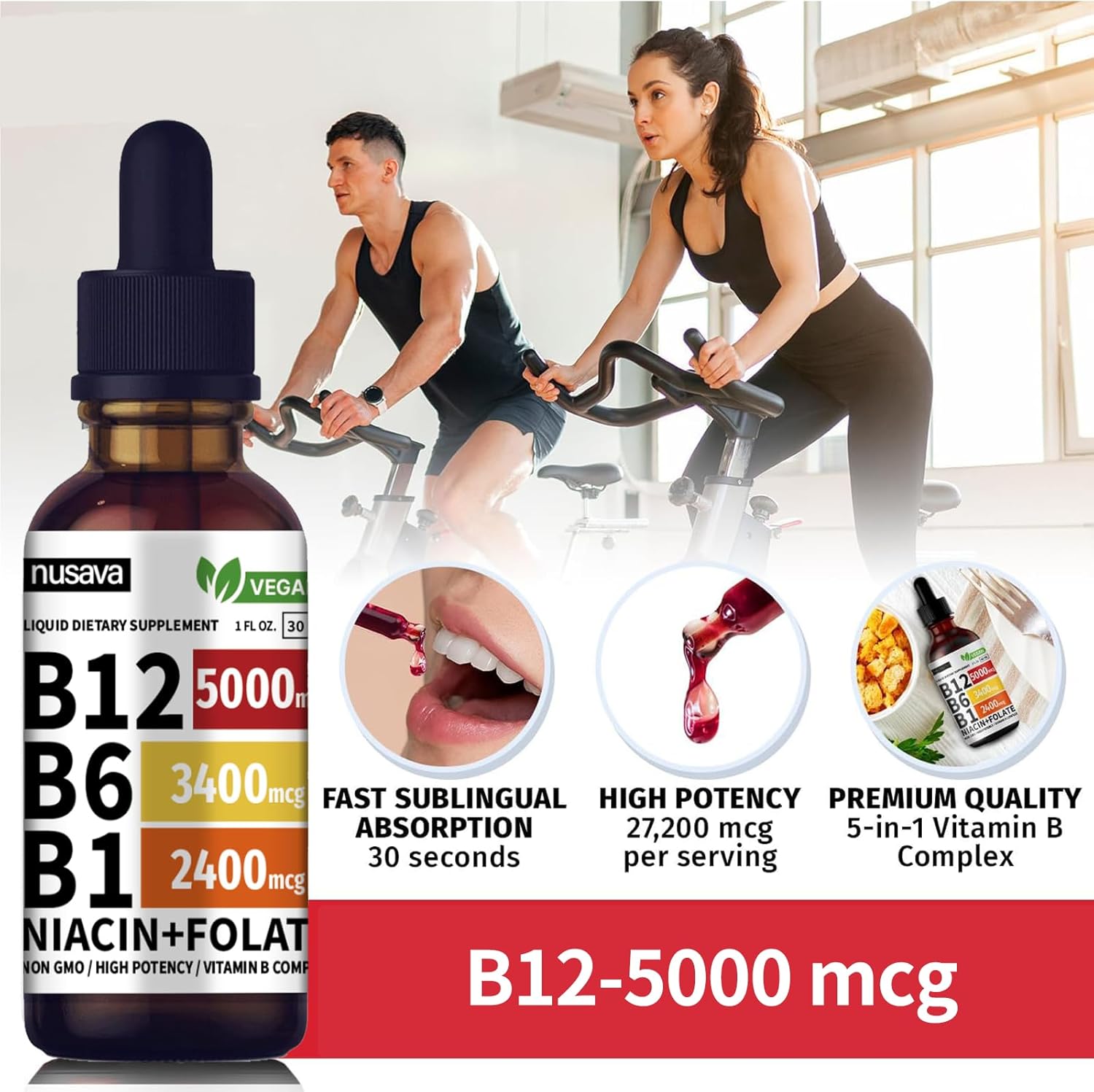 High Potency B12 Vitamins 5000 Mcg Sublingual Liquid Drops - Methylcobalamin Vitamin B Complex with B6 for Energy Boost - 2 Pack for Max Absorption